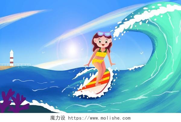 夏天海上冲浪小女孩插画冲浪背景
